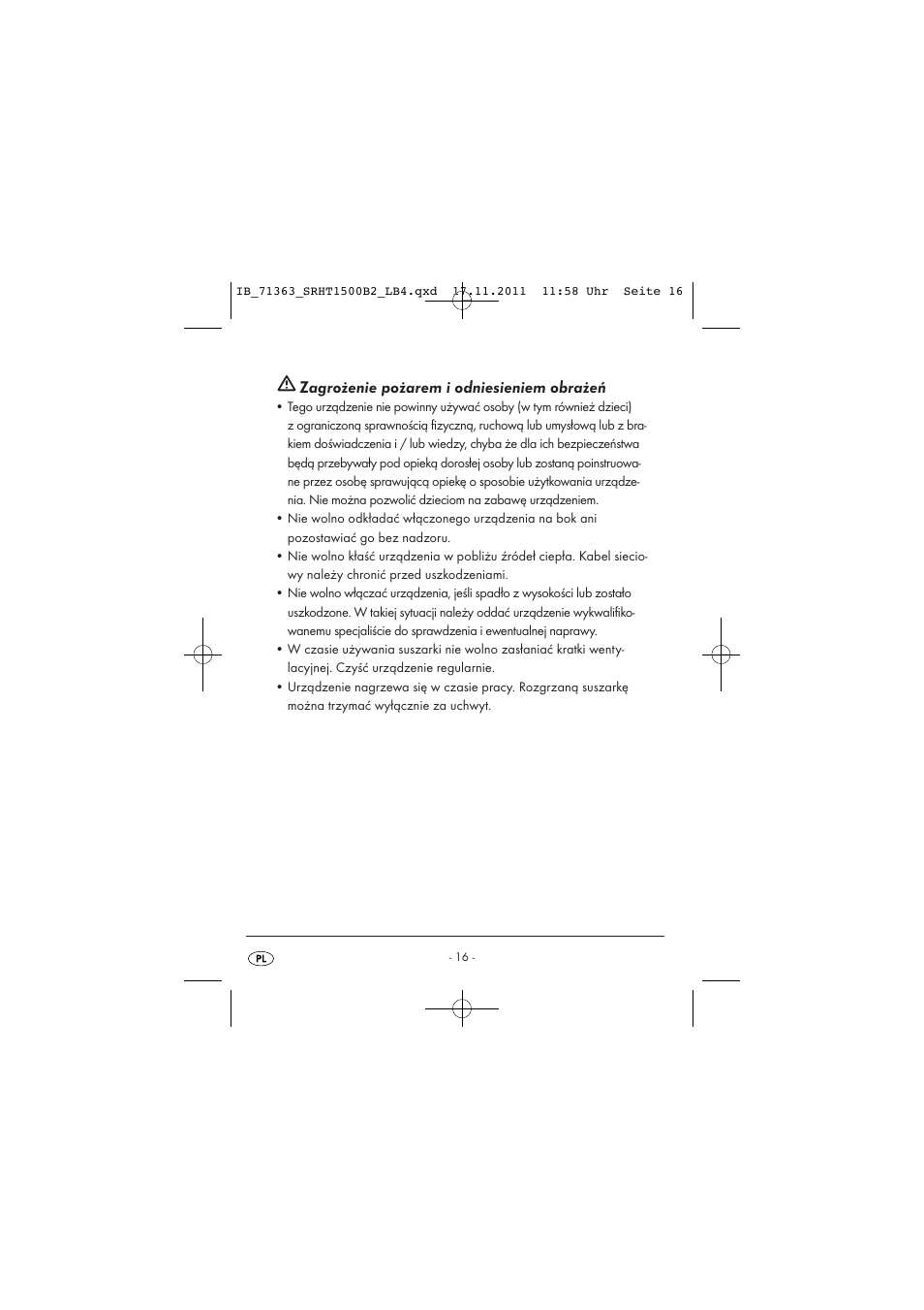 Zagrożenie pożarem i odniesieniem obrażeń | Silvercrest SRHT 1500 B2 User Manual | Page 18 / 86