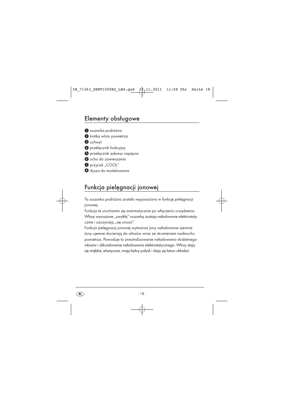 Elementy obsługowe, Funkcja pielęgnacji jonowej | Silvercrest SRHT 1500 B2 User Manual | Page 20 / 86