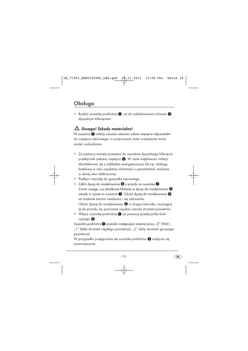 Obsługa, Uwaga! szkody materialne | Silvercrest SRHT 1500 B2 User Manual | Page 21 / 86