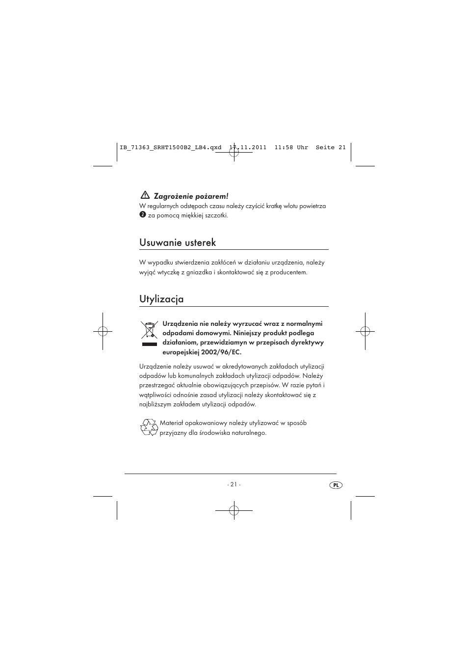 Usuwanie usterek, Utylizacja | Silvercrest SRHT 1500 B2 User Manual | Page 23 / 86
