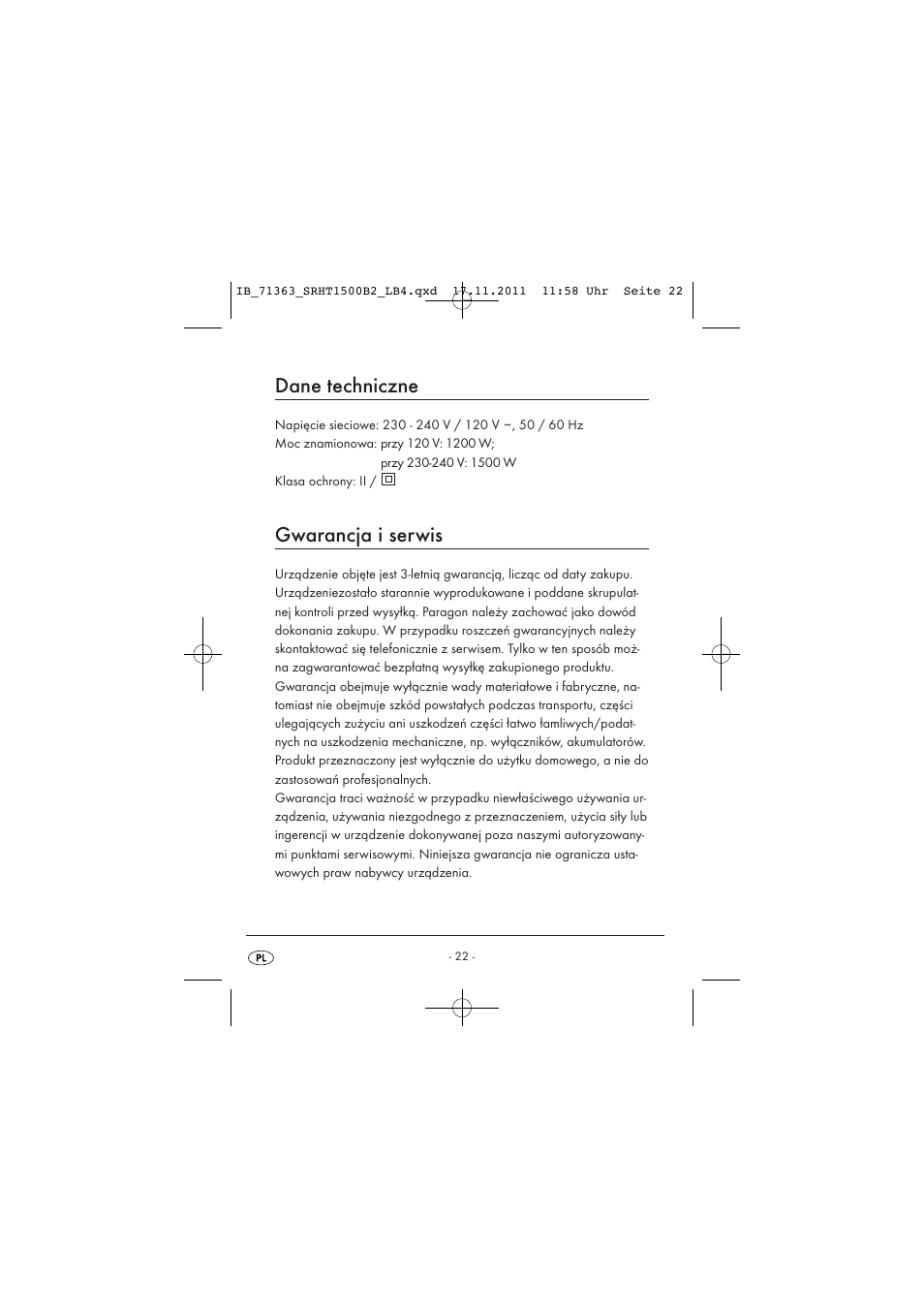 Dane techniczne, Gwarancja i serwis | Silvercrest SRHT 1500 B2 User Manual | Page 24 / 86