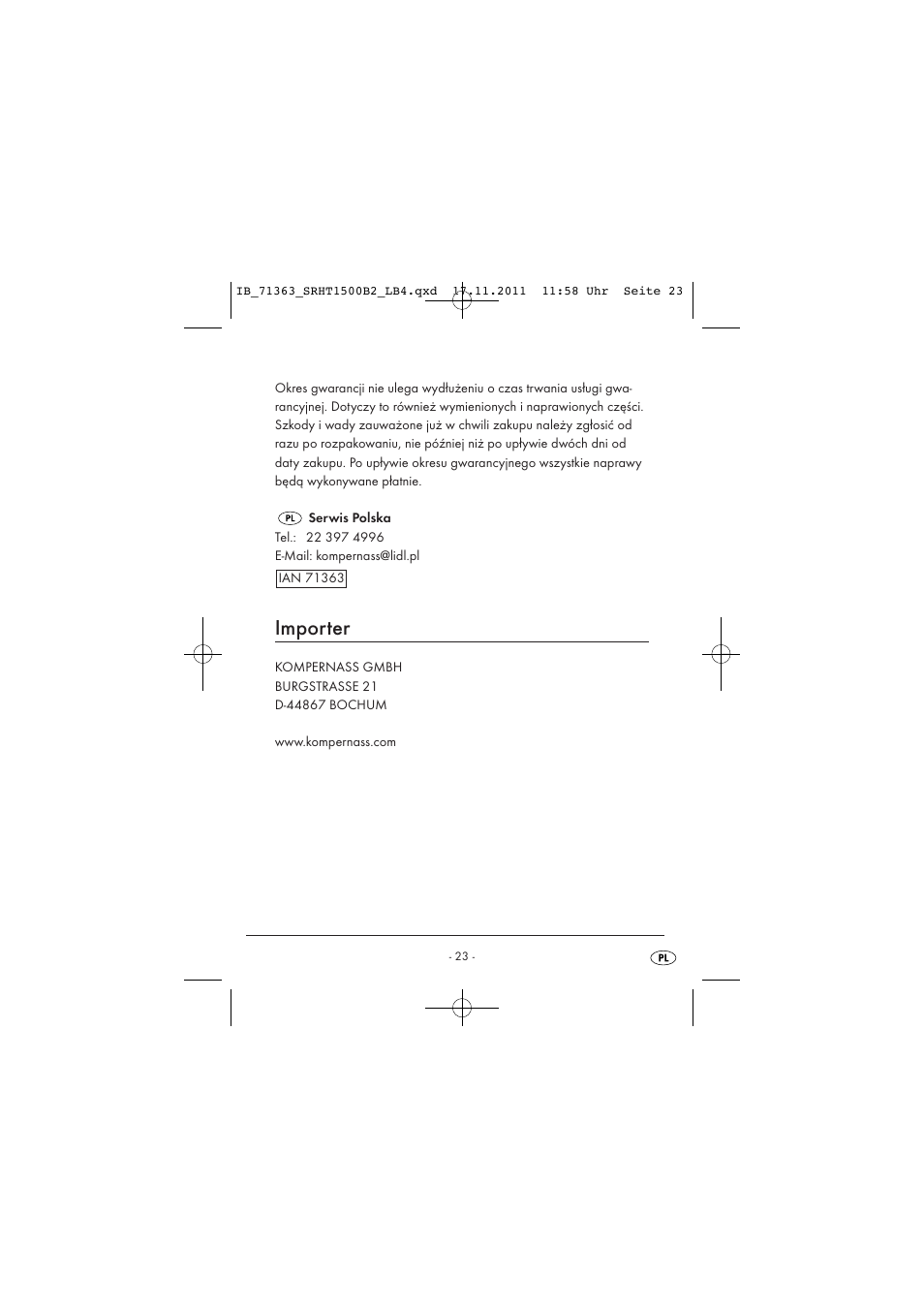 Importer | Silvercrest SRHT 1500 B2 User Manual | Page 25 / 86
