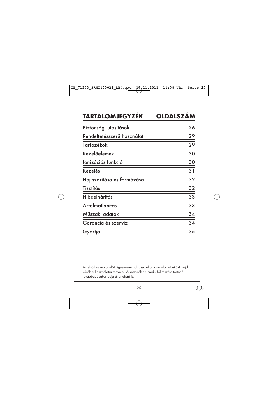 Tartalomjegyzék oldalszám | Silvercrest SRHT 1500 B2 User Manual | Page 27 / 86