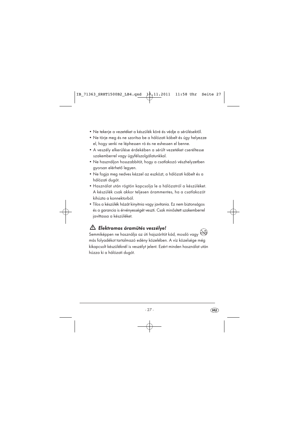 Elektromos áramütés veszélye | Silvercrest SRHT 1500 B2 User Manual | Page 29 / 86