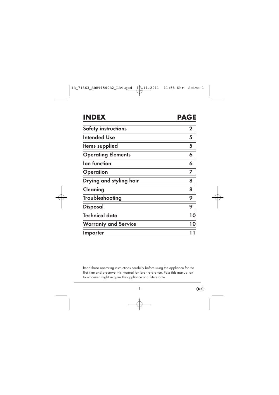 Index page | Silvercrest SRHT 1500 B2 User Manual | Page 3 / 86