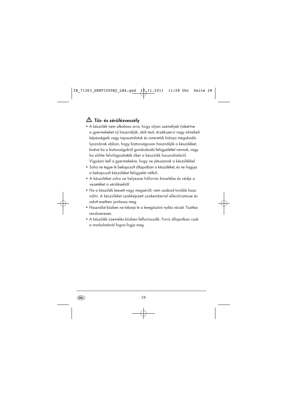 Tűz- és sérülésveszély | Silvercrest SRHT 1500 B2 User Manual | Page 30 / 86