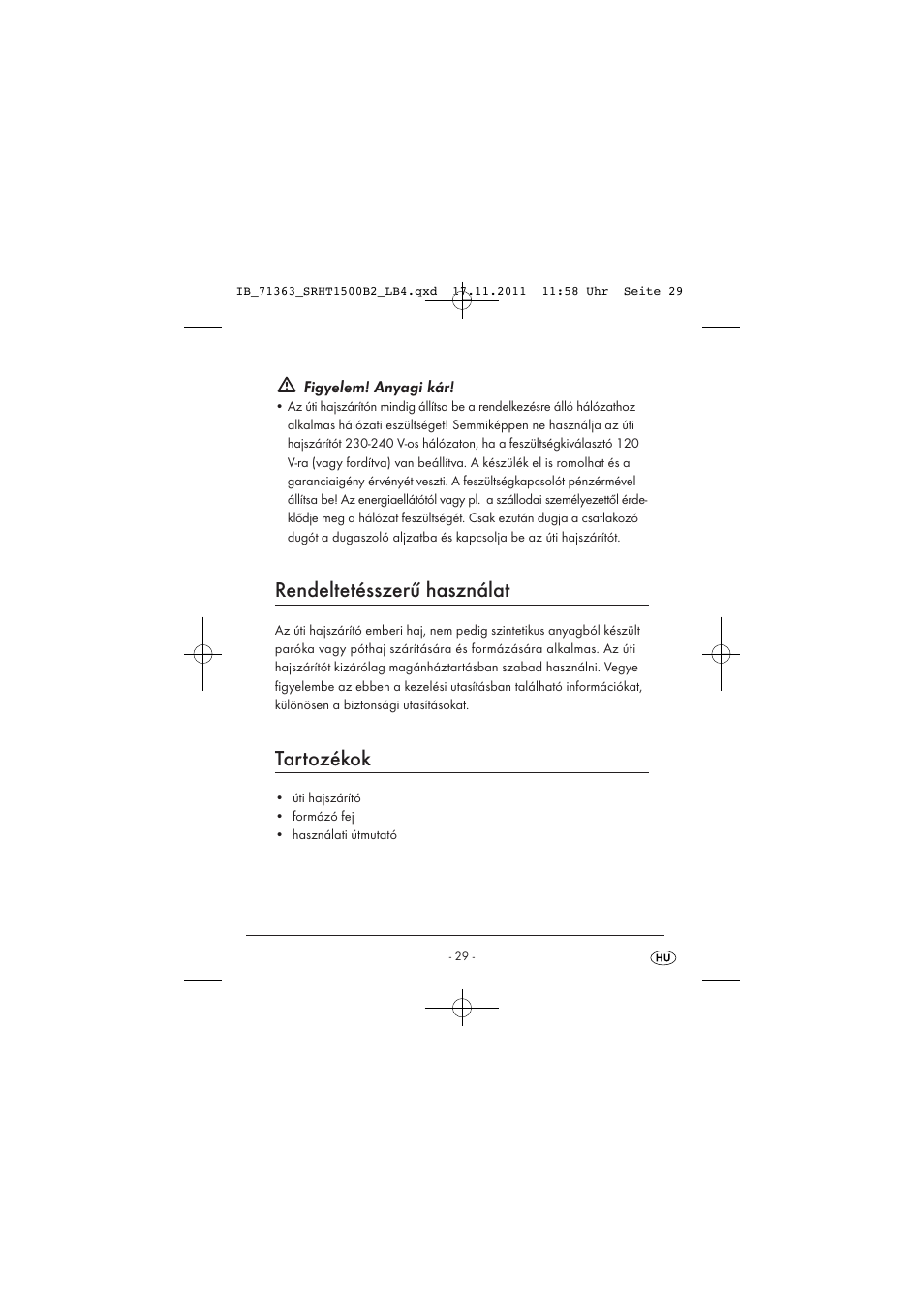 Rendeltetésszerű használat, Tartozékok | Silvercrest SRHT 1500 B2 User Manual | Page 31 / 86