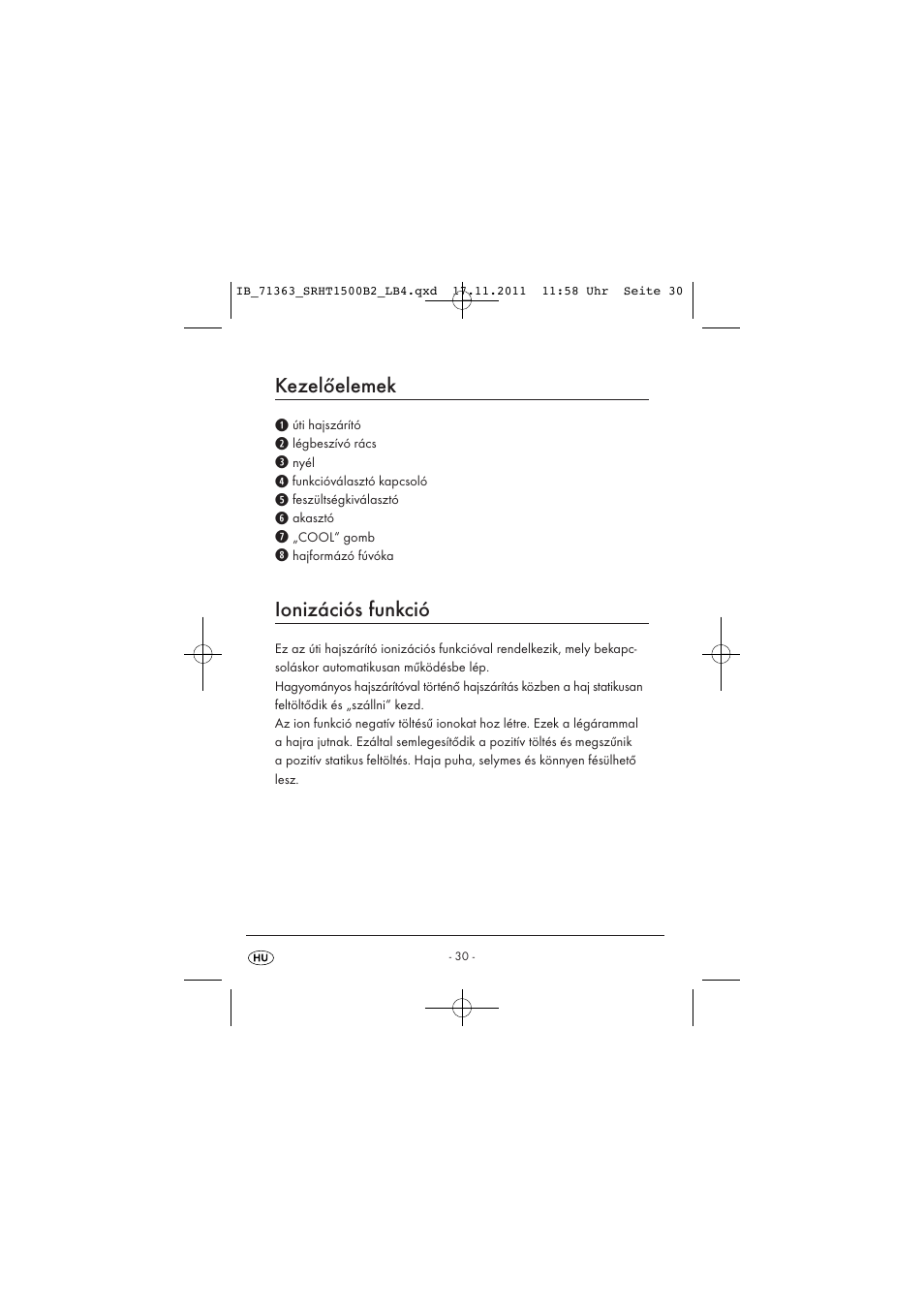Kezelőelemek, Ionizációs funkció | Silvercrest SRHT 1500 B2 User Manual | Page 32 / 86