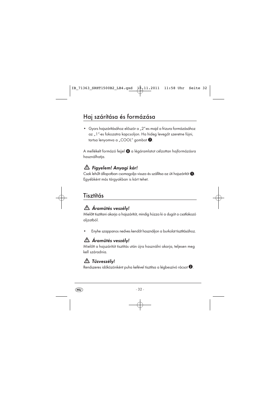 Haj szárítása és formázása, Tisztítás | Silvercrest SRHT 1500 B2 User Manual | Page 34 / 86