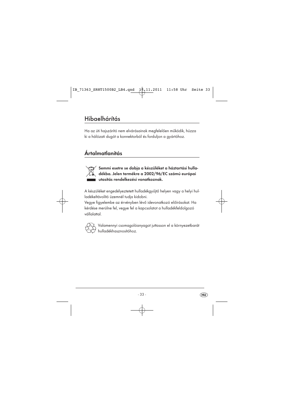 Hibaelhárítás, Ártalmatlanítás | Silvercrest SRHT 1500 B2 User Manual | Page 35 / 86