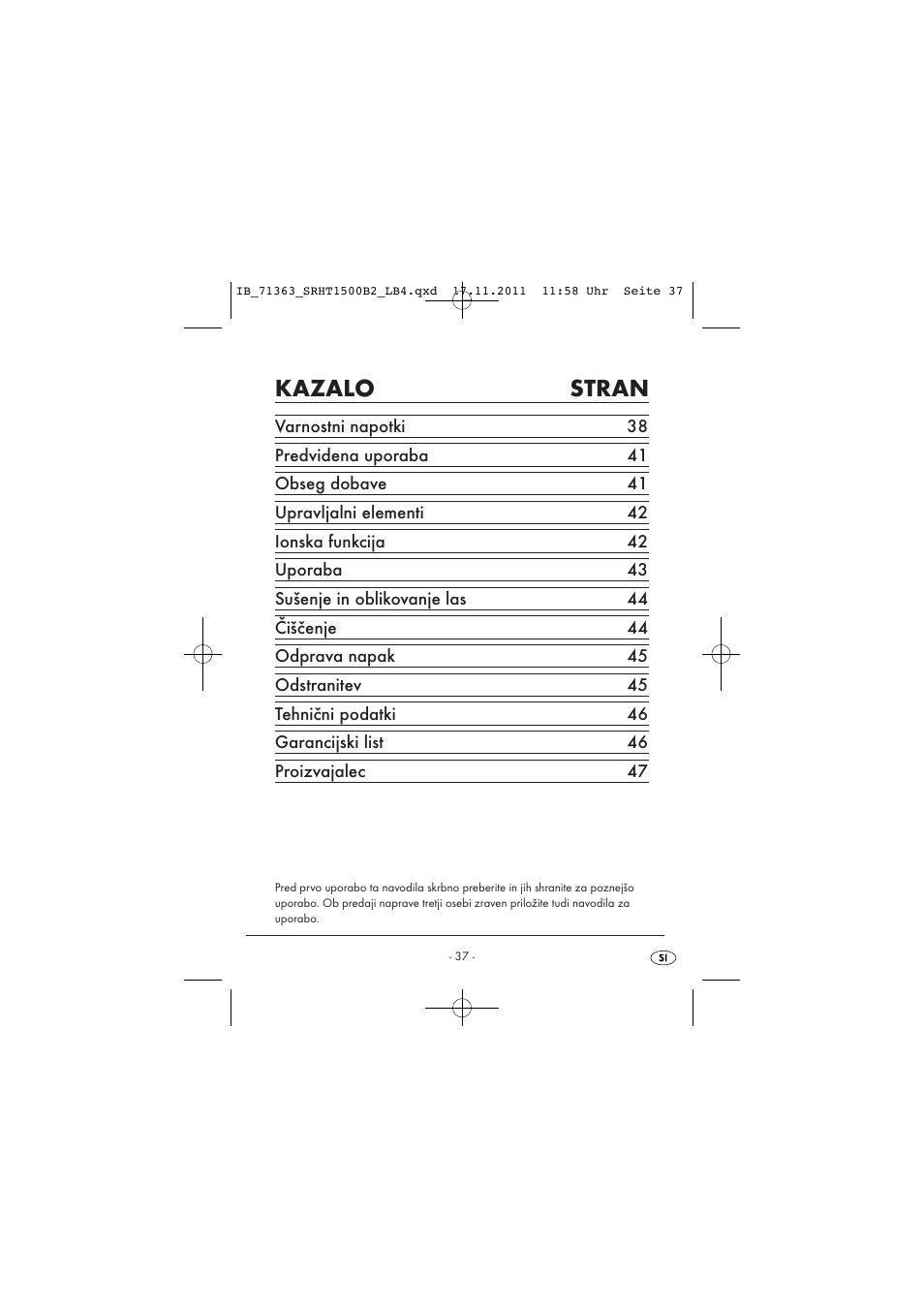 Kazalo stran | Silvercrest SRHT 1500 B2 User Manual | Page 39 / 86