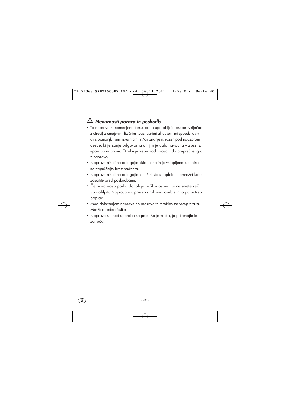Nevarnosti požara in poškodb | Silvercrest SRHT 1500 B2 User Manual | Page 42 / 86
