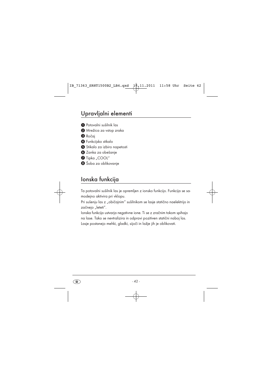 Upravljalni elementi, Ionska funkcija | Silvercrest SRHT 1500 B2 User Manual | Page 44 / 86