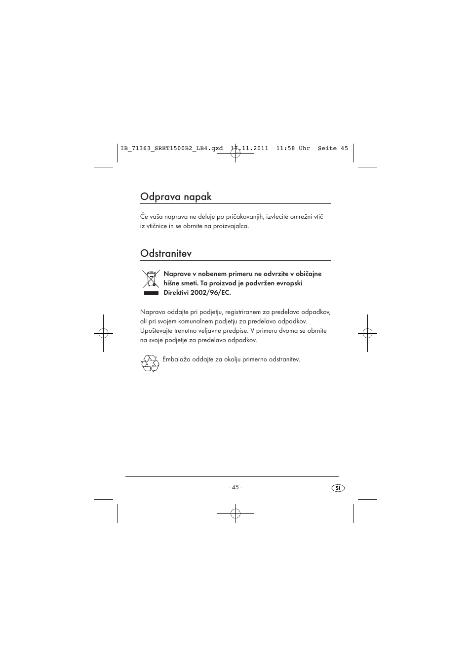 Odprava napak, Odstranitev | Silvercrest SRHT 1500 B2 User Manual | Page 47 / 86