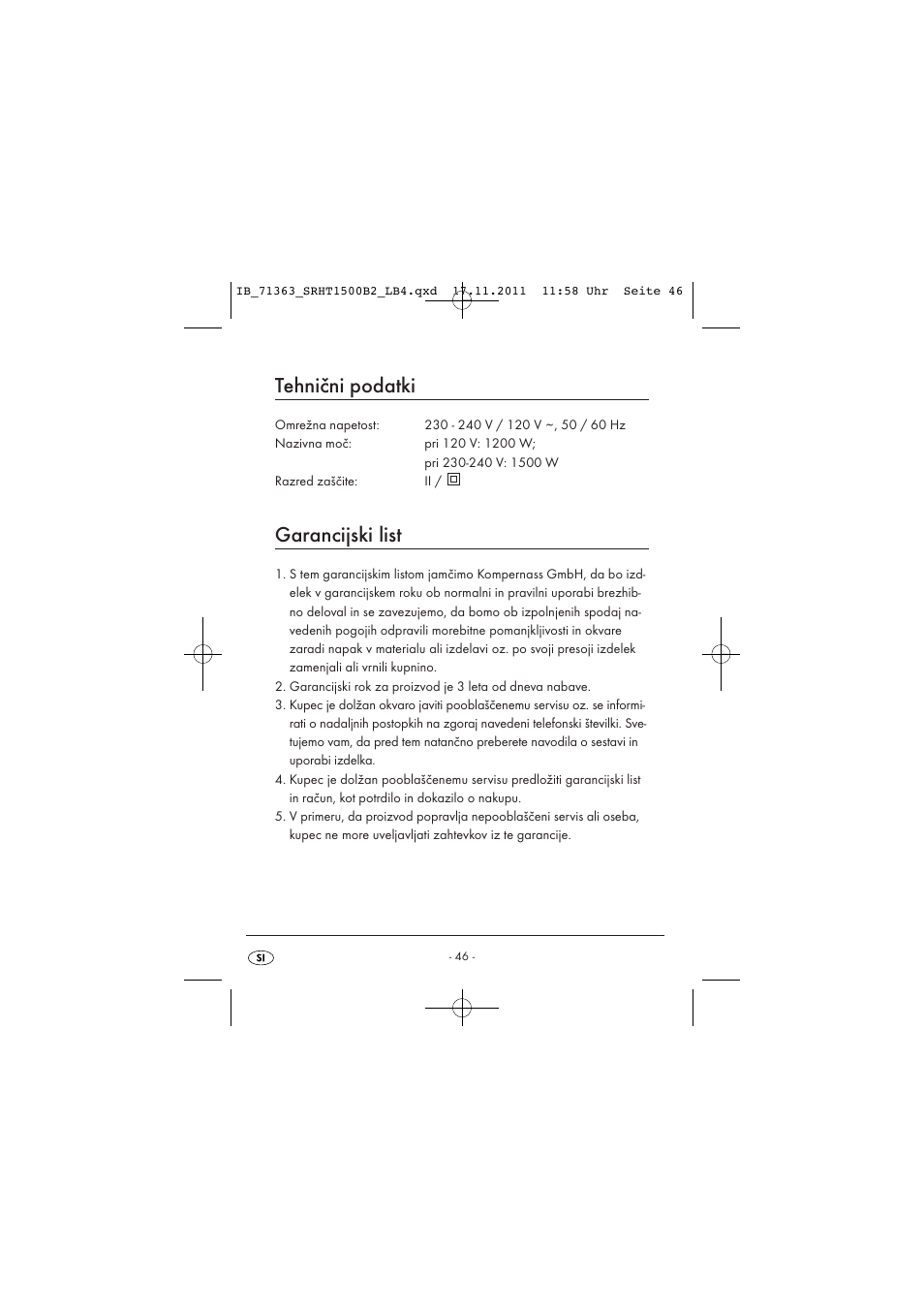 Tehnični podatki, Garancijski list | Silvercrest SRHT 1500 B2 User Manual | Page 48 / 86