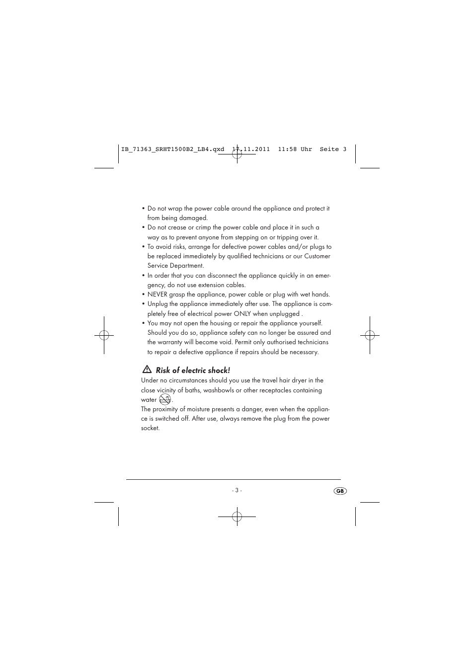 Risk of electric shock | Silvercrest SRHT 1500 B2 User Manual | Page 5 / 86