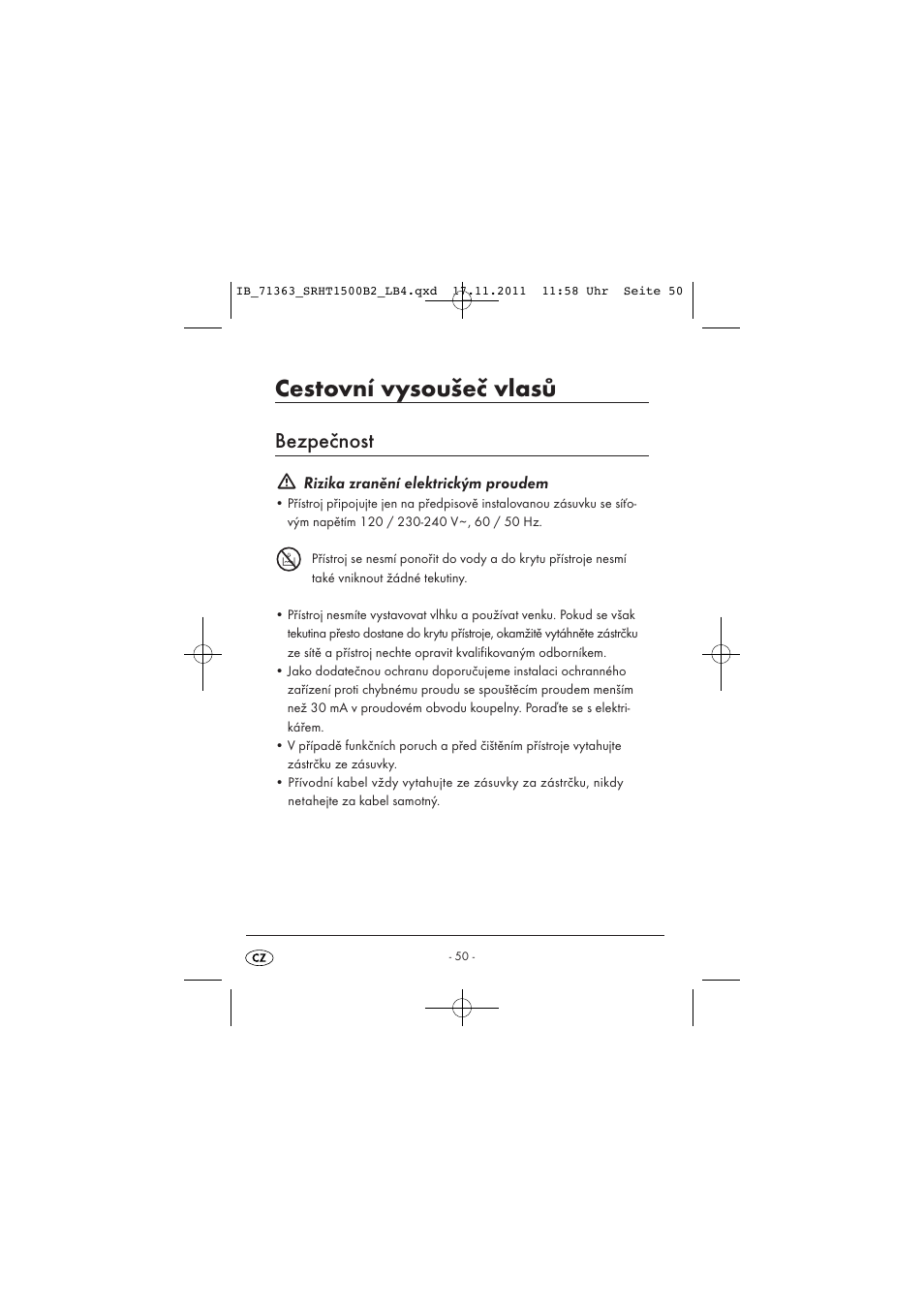 Cestovní vysoušeč vlasů, Bezpečnost, Rizika zranění elektrickým proudem | Silvercrest SRHT 1500 B2 User Manual | Page 52 / 86