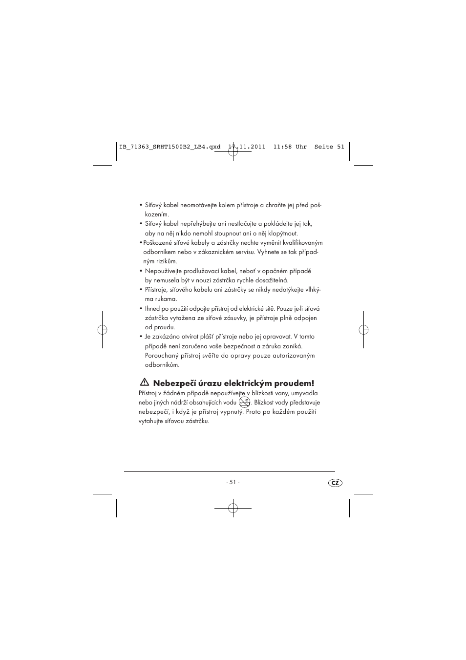 Nebezpečí úrazu elektrickým proudem | Silvercrest SRHT 1500 B2 User Manual | Page 53 / 86