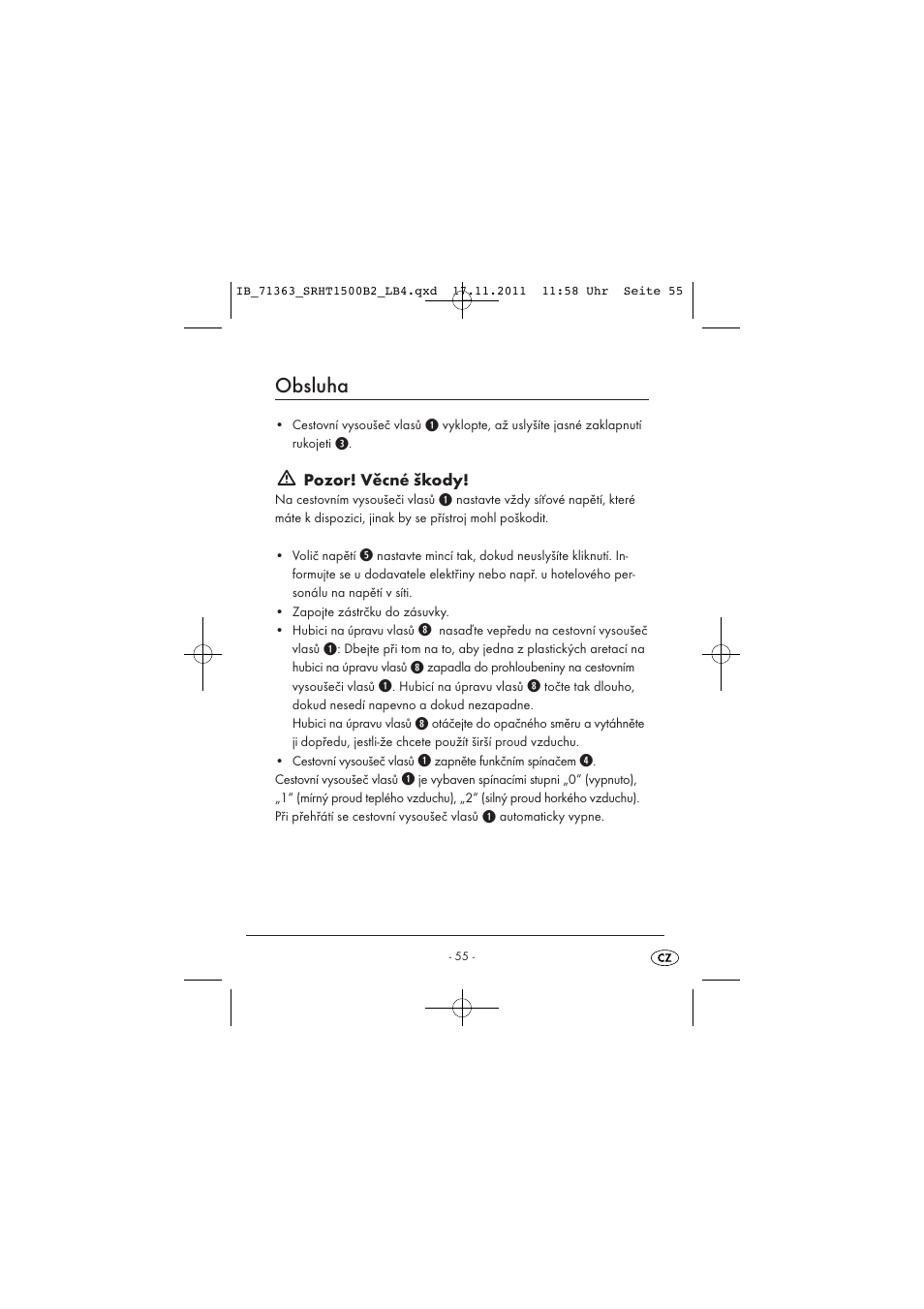 Obsluha, Pozor! věcné škody | Silvercrest SRHT 1500 B2 User Manual | Page 57 / 86