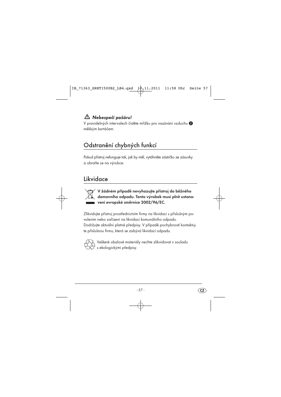 Odstranění chybných funkcí, Likvidace | Silvercrest SRHT 1500 B2 User Manual | Page 59 / 86