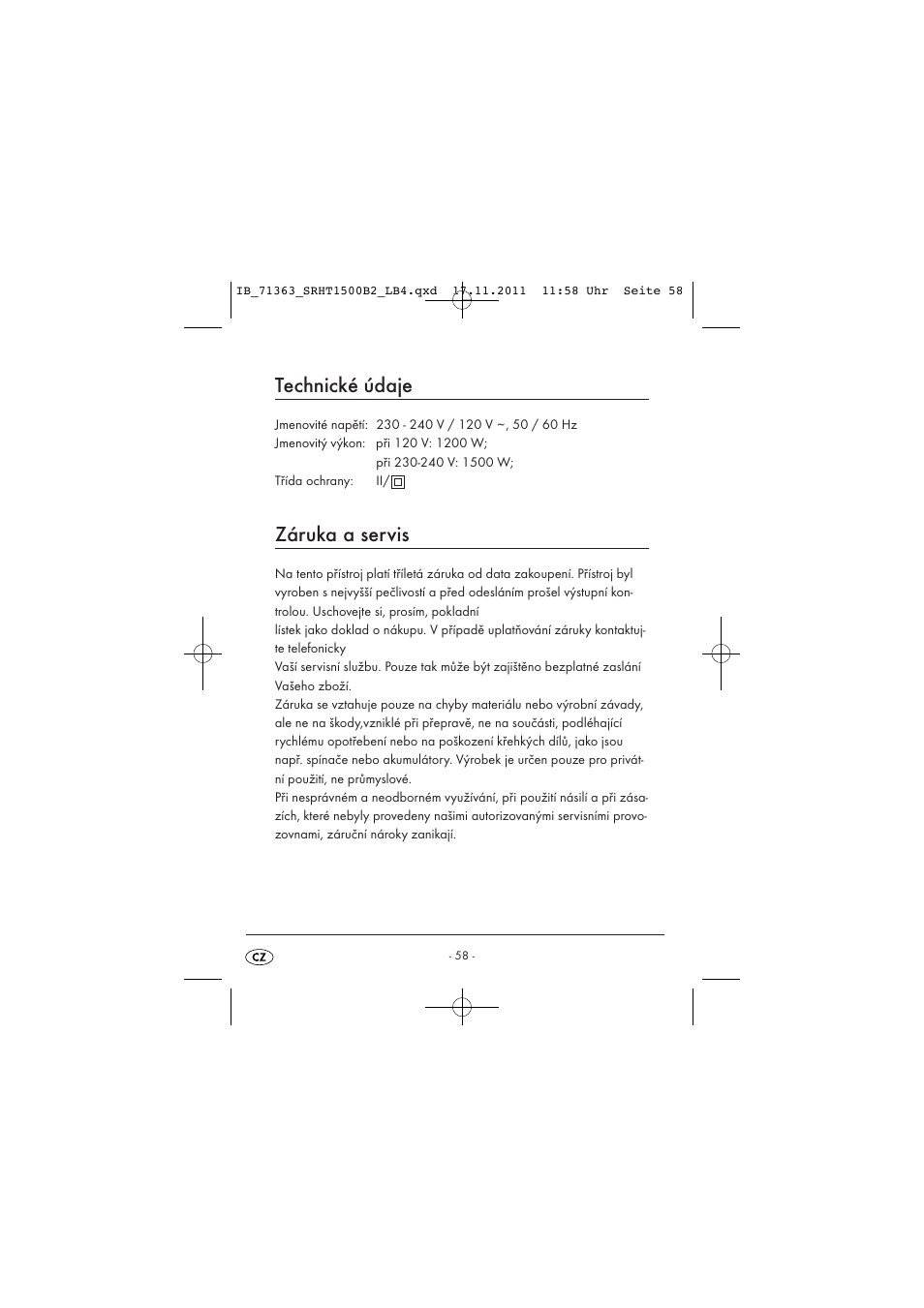 Technické údaje, Záruka a servis | Silvercrest SRHT 1500 B2 User Manual | Page 60 / 86