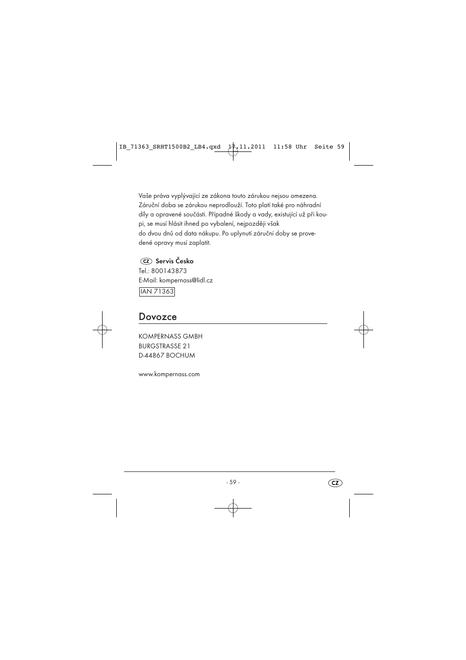 Dovozce | Silvercrest SRHT 1500 B2 User Manual | Page 61 / 86