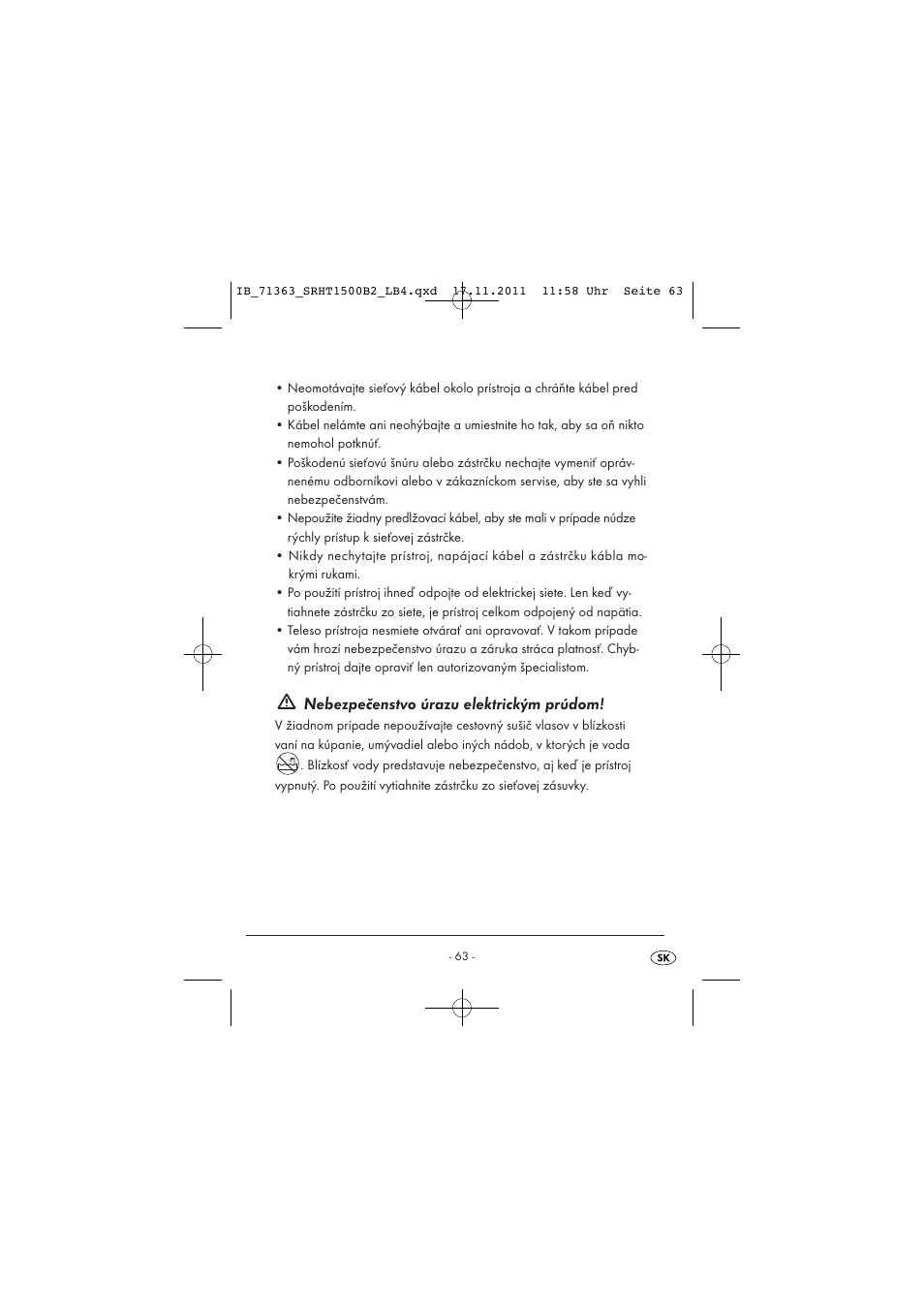 Nebezpečenstvo úrazu elektrickým prúdom | Silvercrest SRHT 1500 B2 User Manual | Page 65 / 86