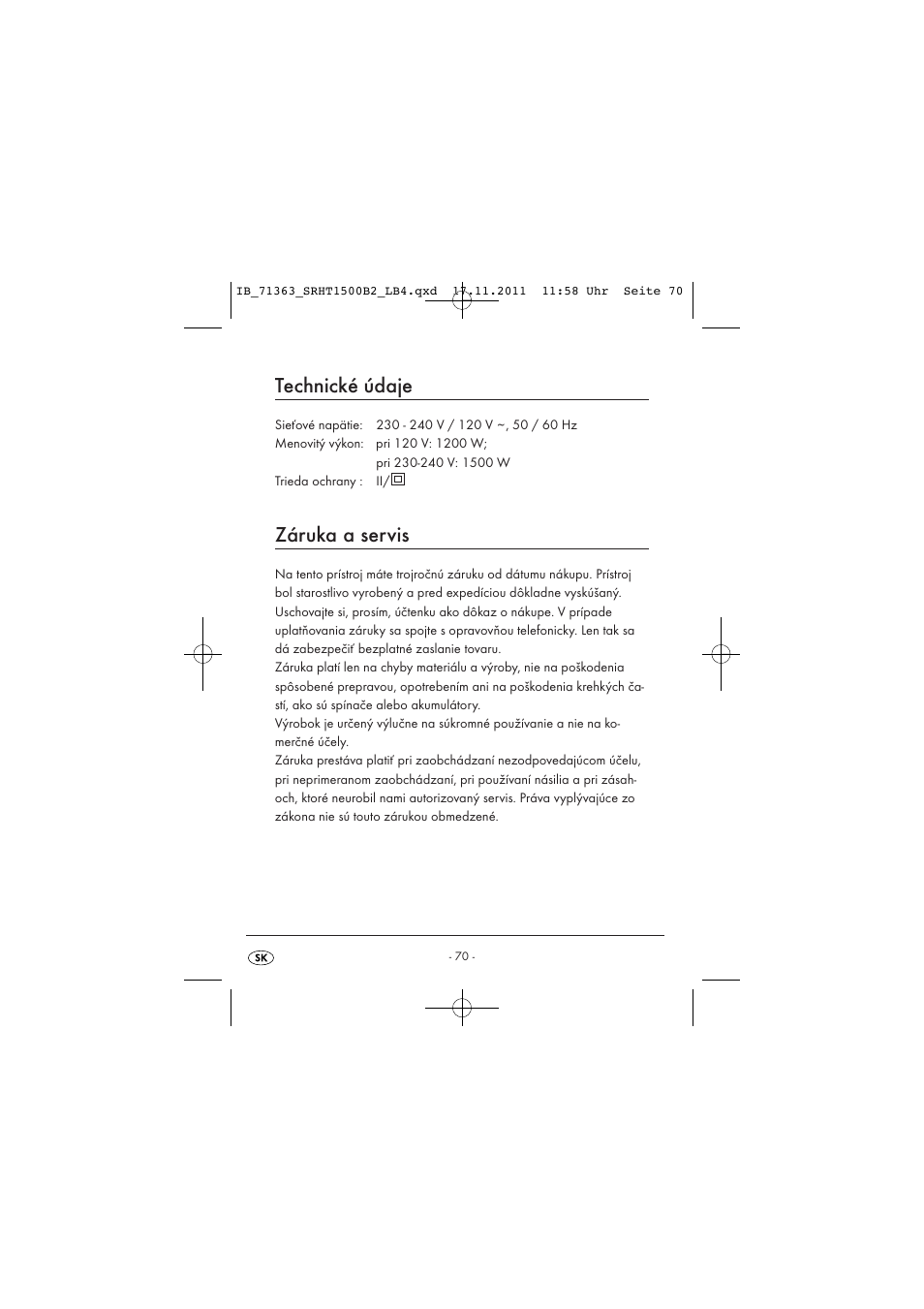 Technické údaje, Záruka a servis | Silvercrest SRHT 1500 B2 User Manual | Page 72 / 86