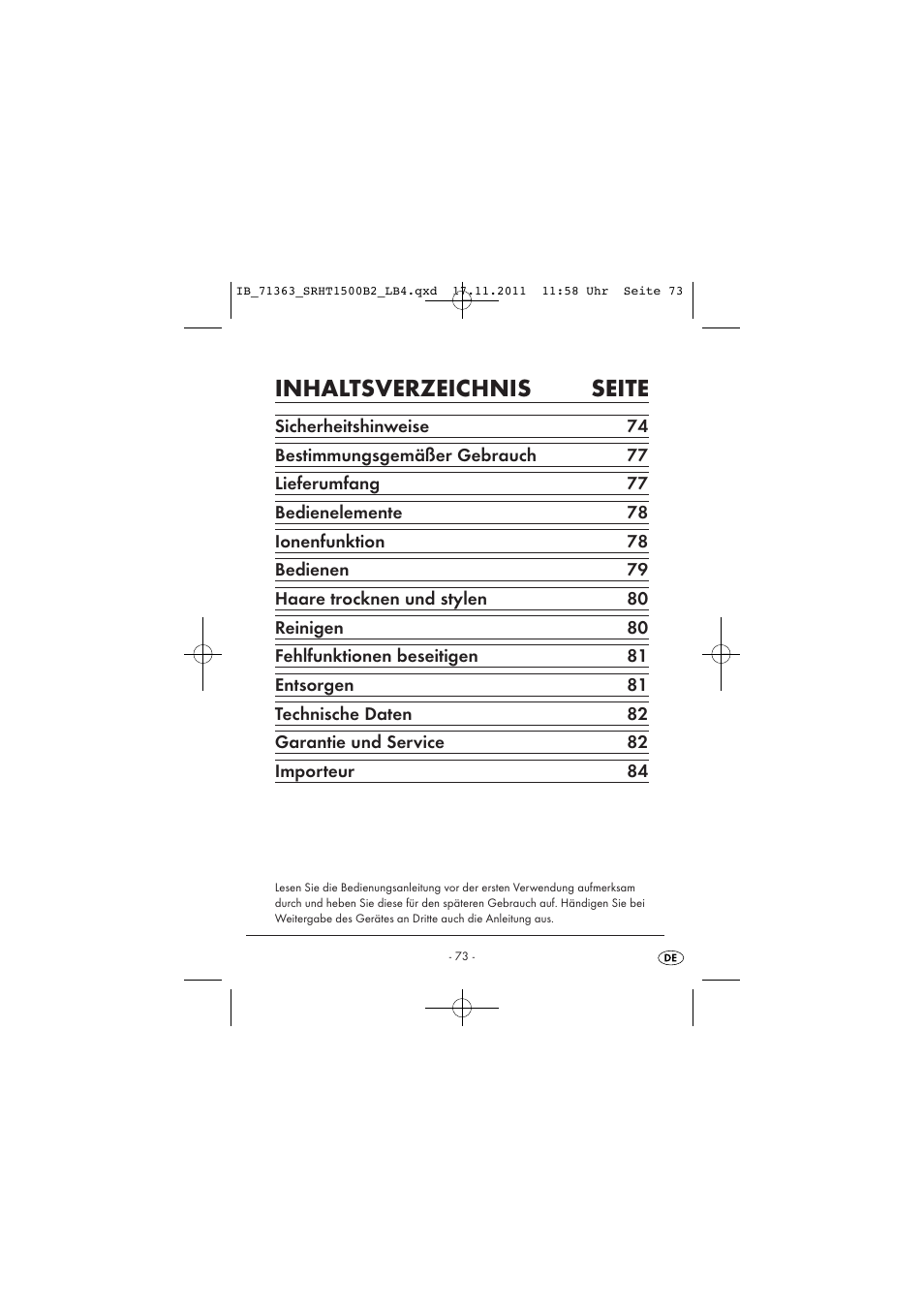 Inhaltsverzeichnis seite | Silvercrest SRHT 1500 B2 User Manual | Page 75 / 86
