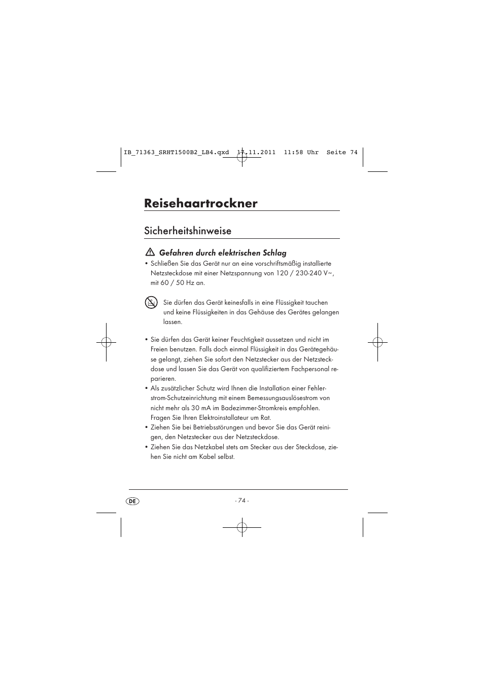 Reisehaartrockner, Sicherheitshinweise, Gefahren durch elektrischen schlag | Silvercrest SRHT 1500 B2 User Manual | Page 76 / 86