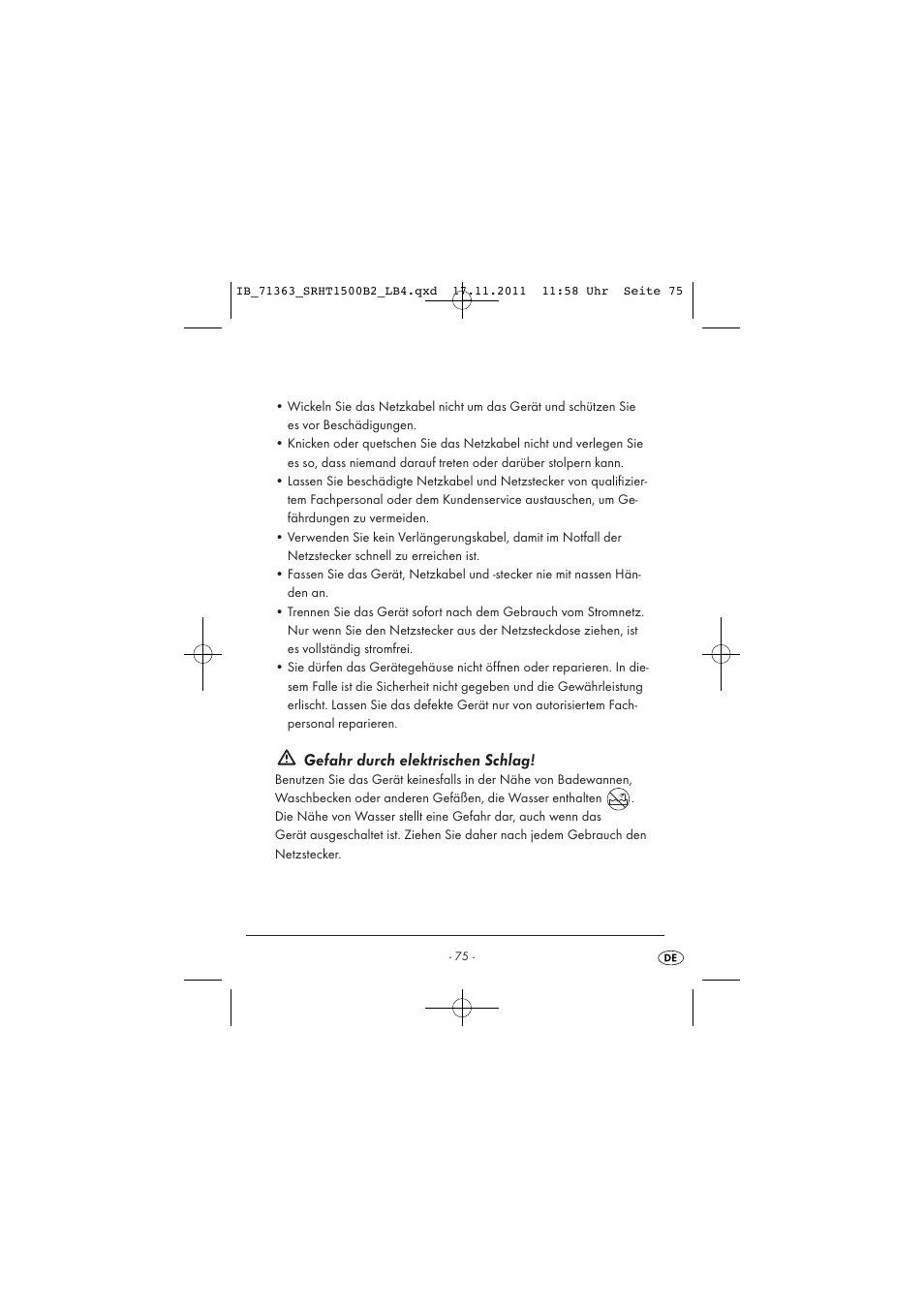 Gefahr durch elektrischen schlag | Silvercrest SRHT 1500 B2 User Manual | Page 77 / 86