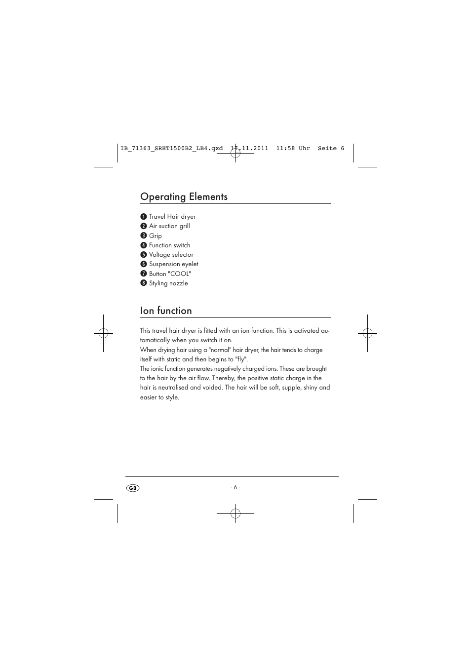 Operating elements, Ion function | Silvercrest SRHT 1500 B2 User Manual | Page 8 / 86