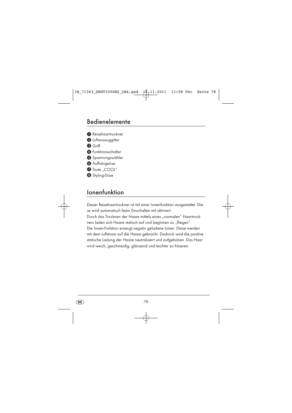 Bedienelemente, Ionenfunktion | Silvercrest SRHT 1500 B2 User Manual | Page 80 / 86