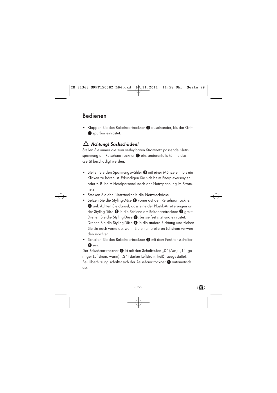 Bedienen, Achtung! sachschäden | Silvercrest SRHT 1500 B2 User Manual | Page 81 / 86