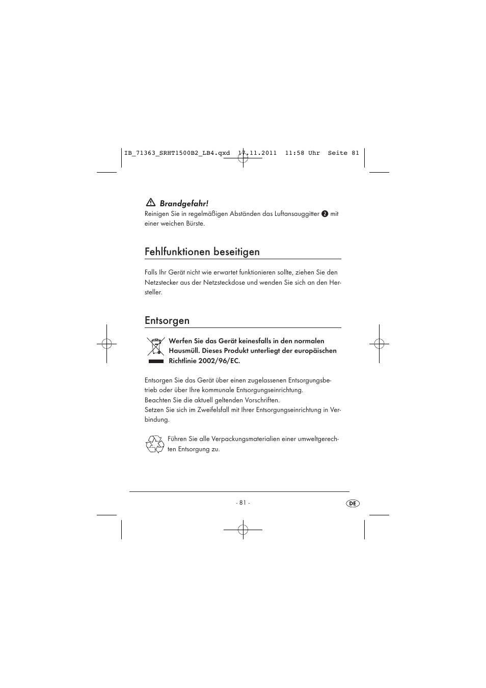 Fehlfunktionen beseitigen, Entsorgen | Silvercrest SRHT 1500 B2 User Manual | Page 83 / 86