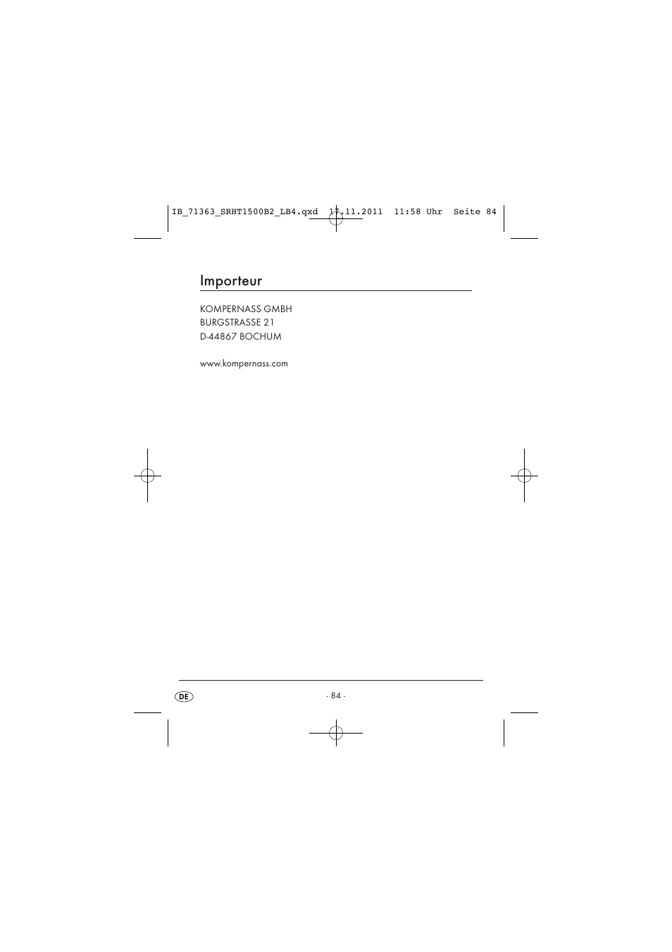 Importeur | Silvercrest SRHT 1500 B2 User Manual | Page 86 / 86