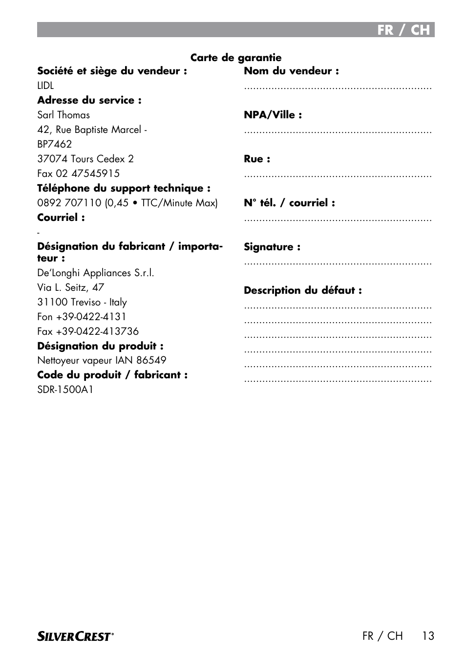 Fr / ch | Silvercrest DAMPRENSER User Manual | Page 15 / 64