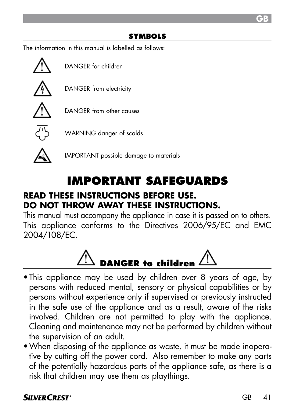 Important safeguards | Silvercrest DAMPRENSER User Manual | Page 43 / 64