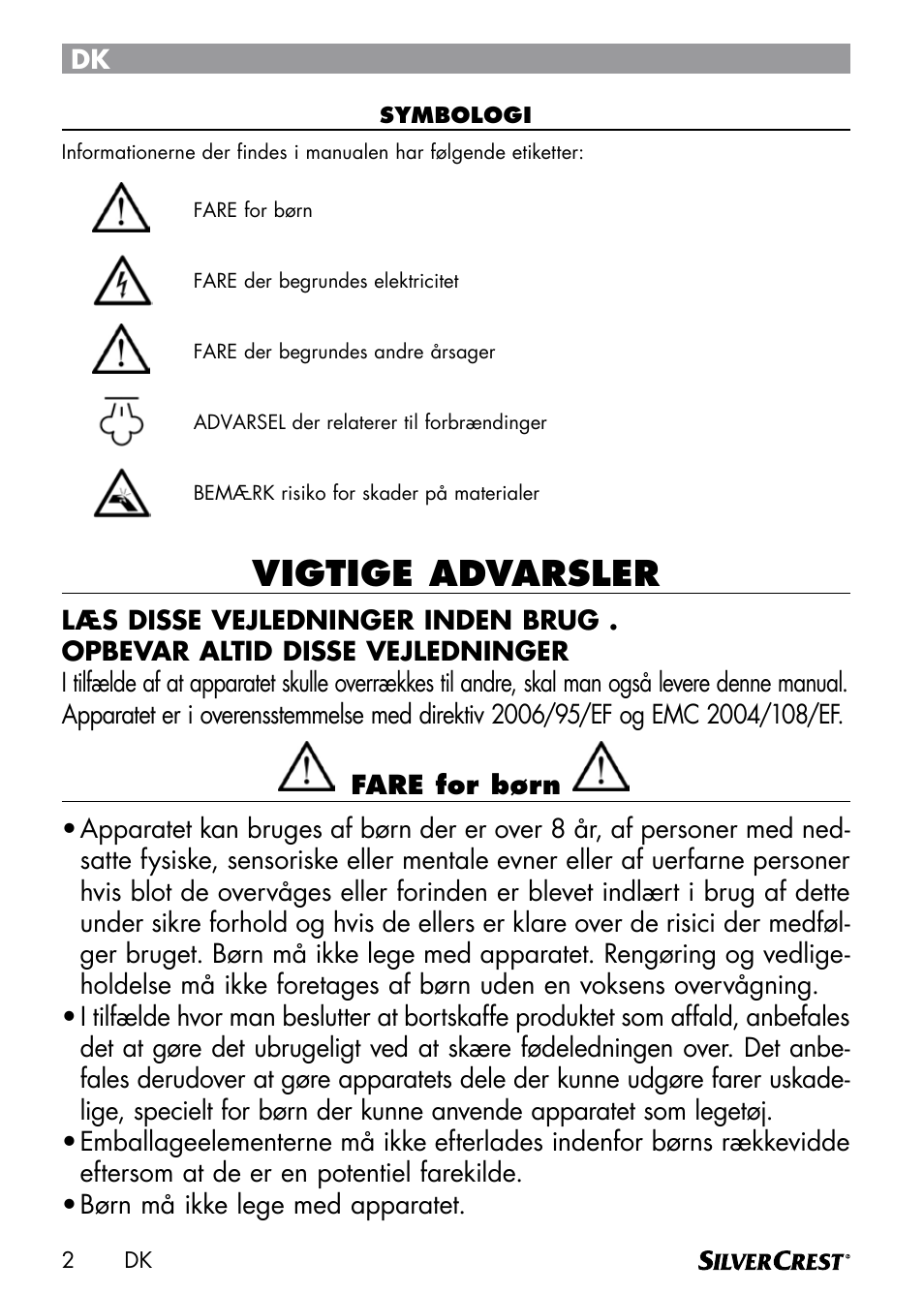 Vigtige advarsler | Silvercrest DAMPRENSER User Manual | Page 4 / 74