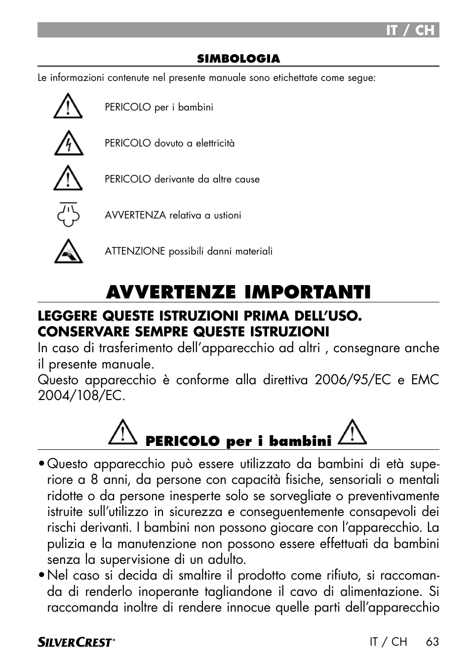 Avvertenze importanti | Silvercrest DAMPRENSER User Manual | Page 65 / 74