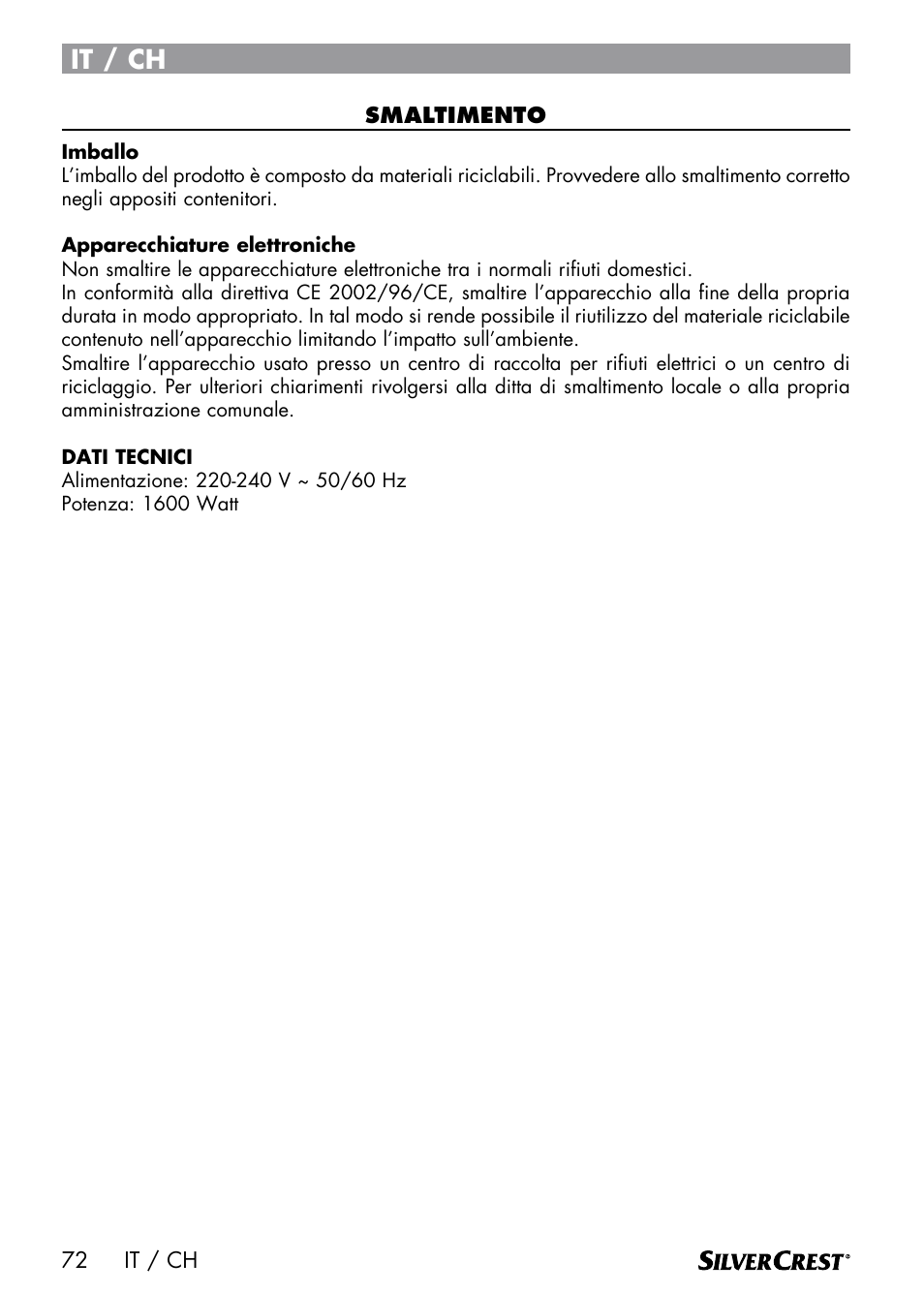It / ch | Silvercrest DAMPRENSER User Manual | Page 74 / 74