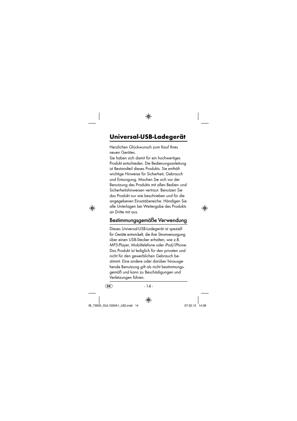 Universal-usb-ladegerät, Bestimmungsgemäße verwendung | Silvercrest SUL 1000 A1 User Manual | Page 17 / 40