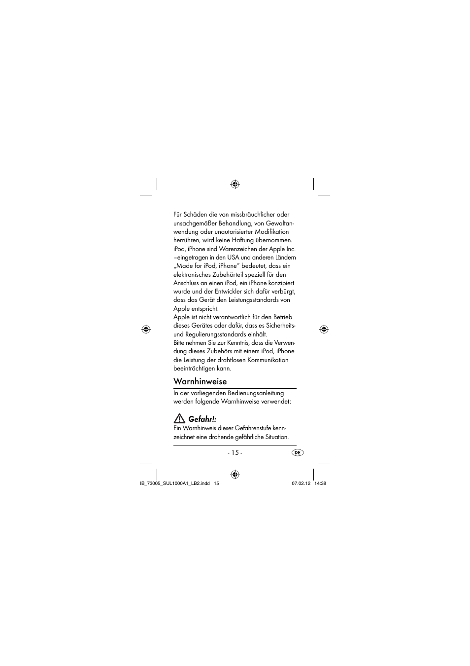 Warnhinweise, Gefahr | Silvercrest SUL 1000 A1 User Manual | Page 18 / 40