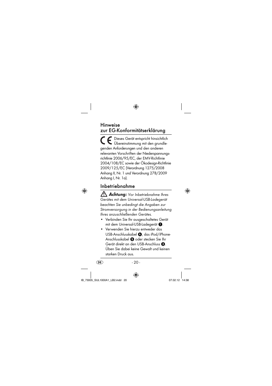 Hinweise zur eg-konformitätserklärung, Inbetriebnahme, Achtung | Silvercrest SUL 1000 A1 User Manual | Page 23 / 40
