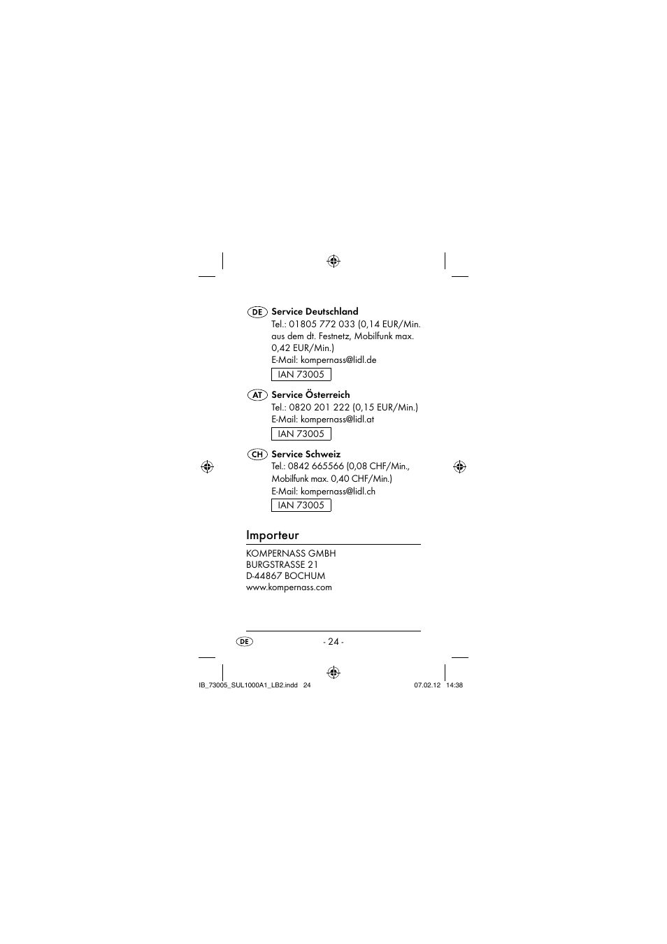 Importeur | Silvercrest SUL 1000 A1 User Manual | Page 27 / 40