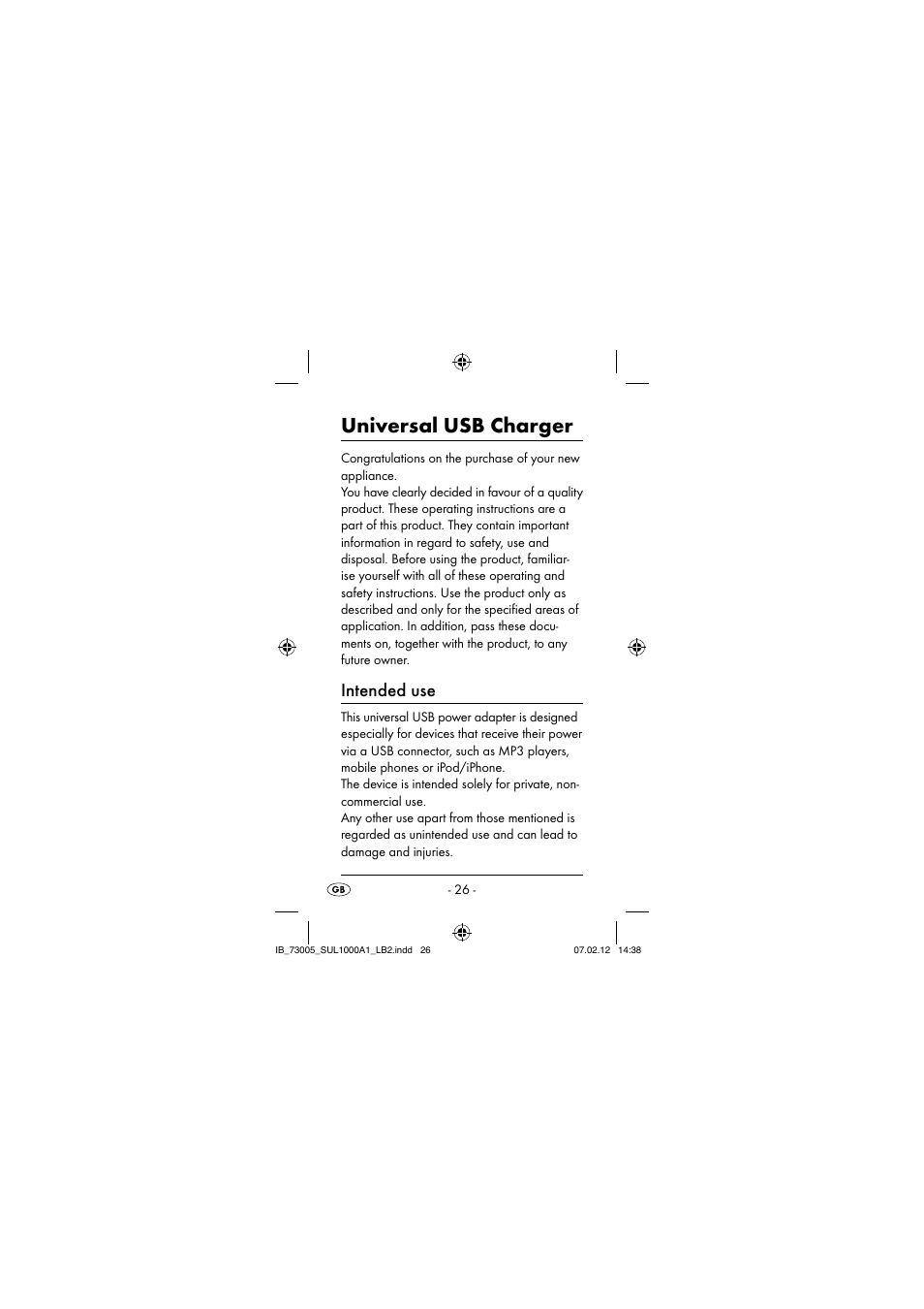 Universal usb charger, Intended use | Silvercrest SUL 1000 A1 User Manual | Page 29 / 40