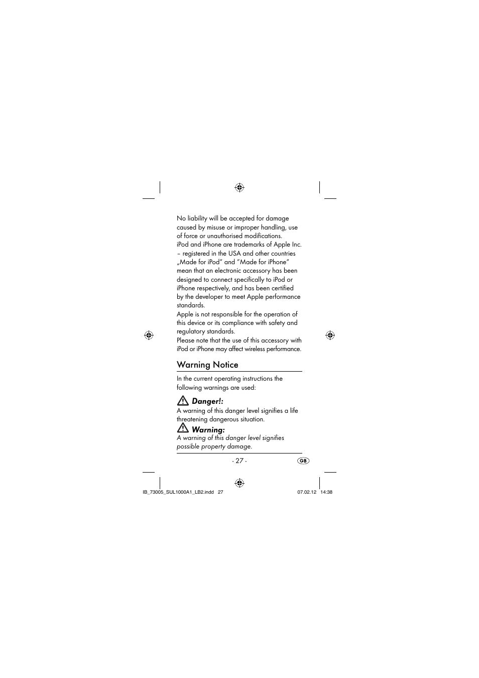 Warning notice, Danger, Warning | Silvercrest SUL 1000 A1 User Manual | Page 30 / 40