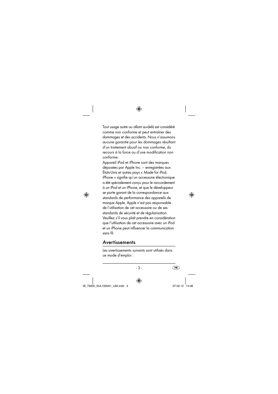 Avertissements | Silvercrest SUL 1000 A1 User Manual | Page 6 / 40