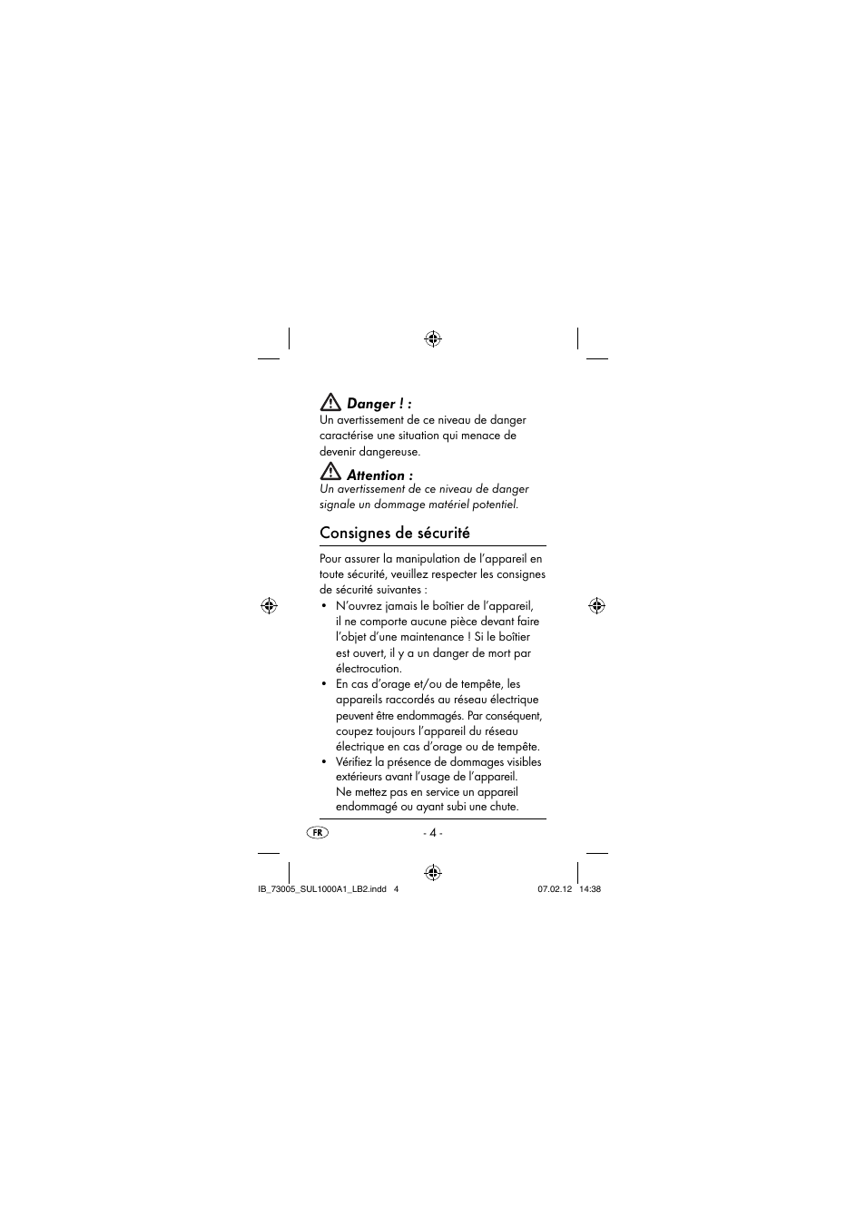 Consignes de sécurité, Danger, Attention | Silvercrest SUL 1000 A1 User Manual | Page 7 / 40