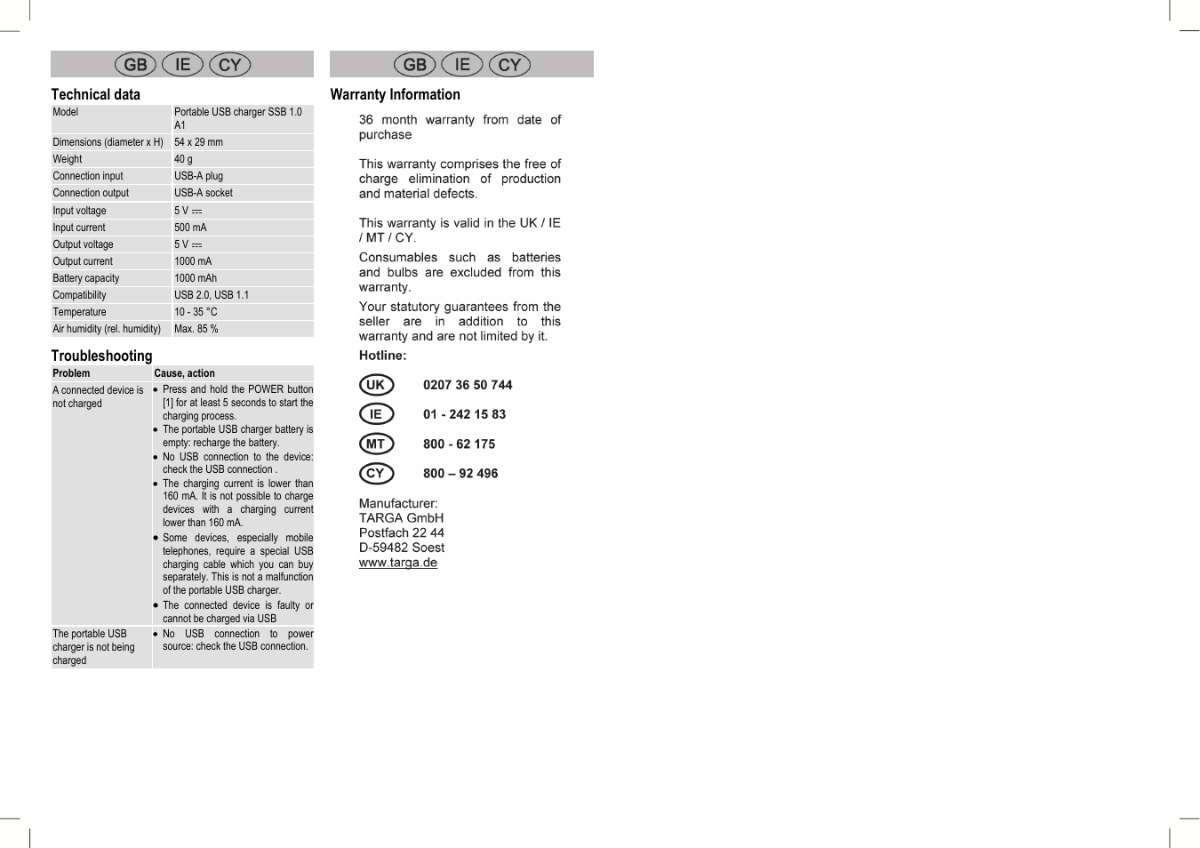 Technical data, Troubleshooting, Warranty information | Silvercrest SSB 1.0 A1 User Manual | Page 2 / 4